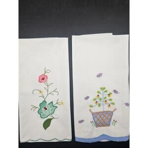 Vintage Lillian Vernon Cotton Embroidered Towel Pair - Floral & Basket Good Cond